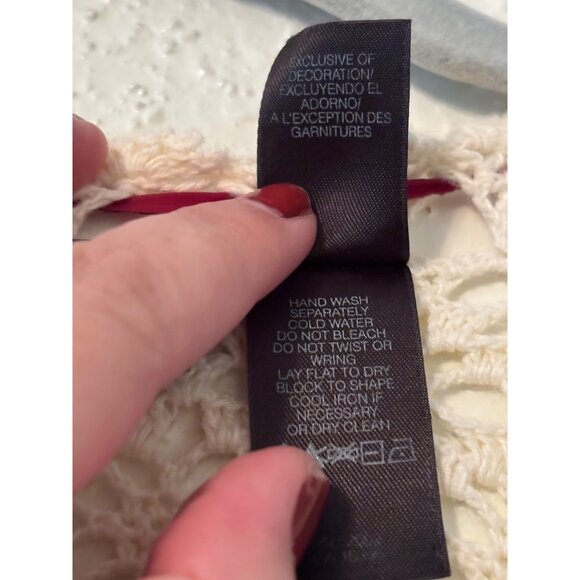 Vintage DKNY Jeans Ivory Crochet Lace Button Up Cardigan With Red Ribbon Tie - Picture 9 of 11